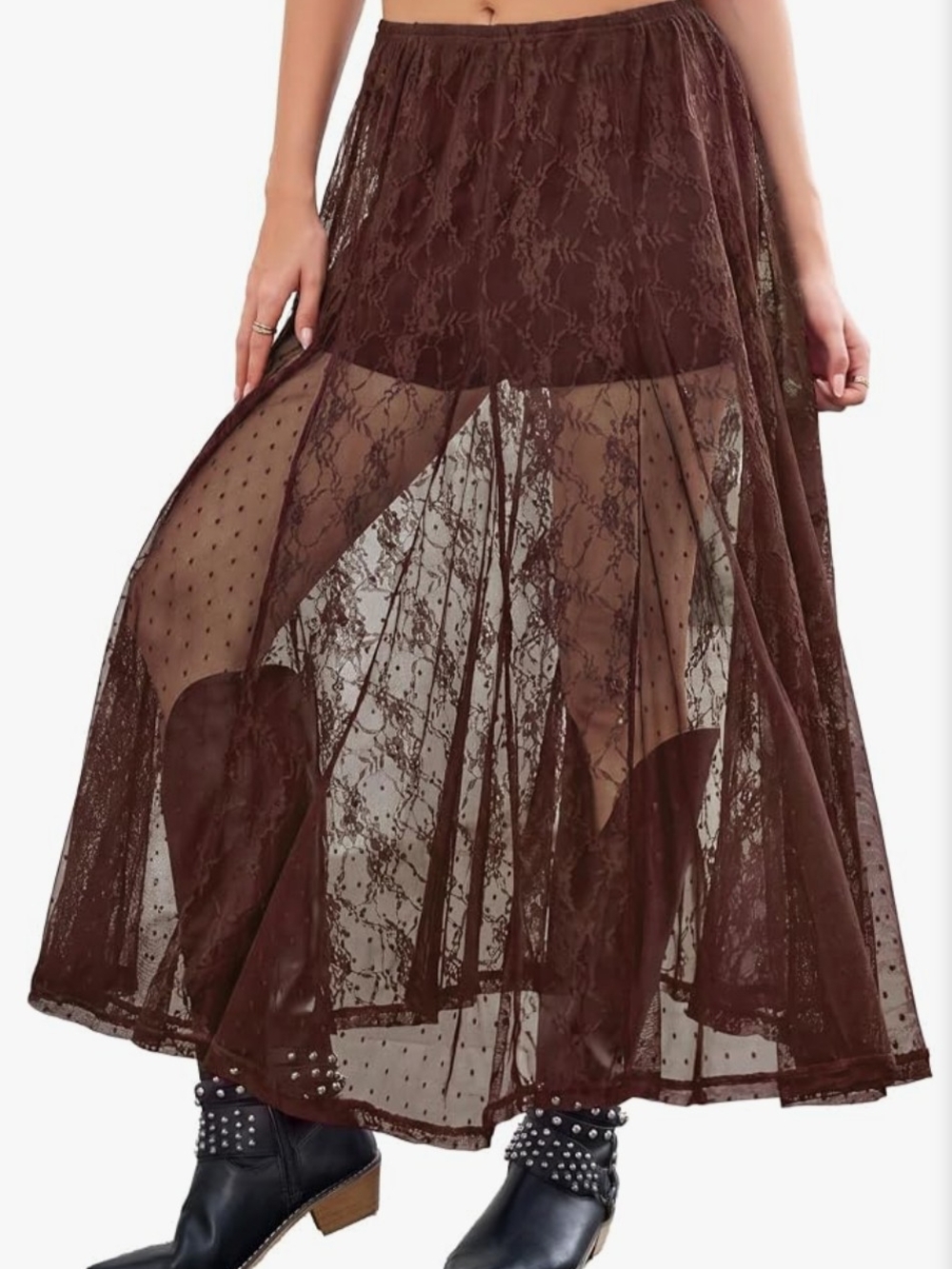 Scarlet Darkness Sheer Brown Lace Maxi Skirt With Built In Shorts